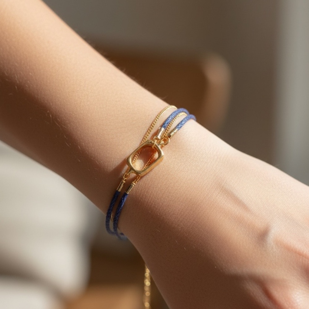 Gold Link Blue Cord Bracelet
